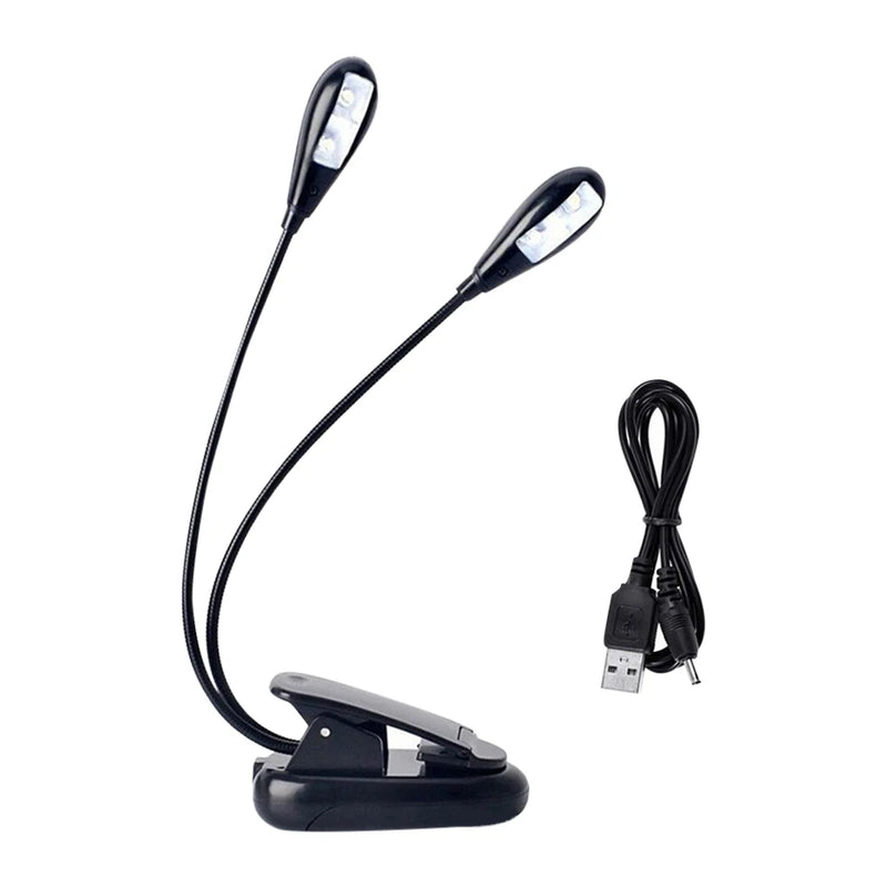 Black Clip-on 2 Dual Arms 4 LED Flexible Book Music Stand Light Eye Protection Adjustable Desk Lamp for Reading Work Home Supply