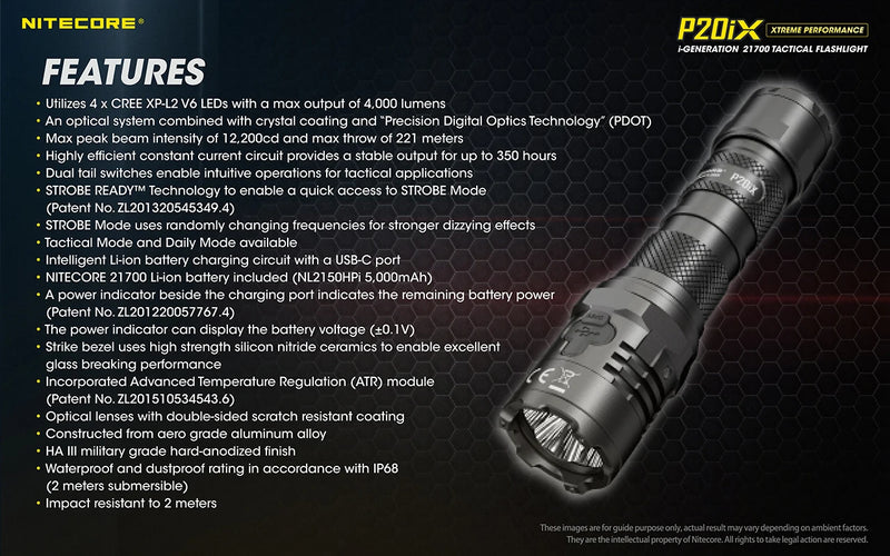 Nitecore P20iX USB-C Rechargeable Tactical Flashlight 4000 Lumens with NL2150HPi 5000mAh Battery Self-defense Troch Light