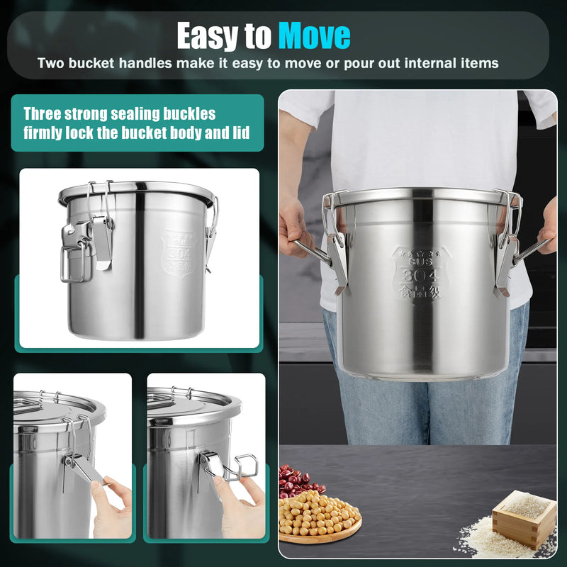 6L/12L Stainless Steel Airtight Canister with Locking Clamp Grain Containers Bucket for Kitchen cocina